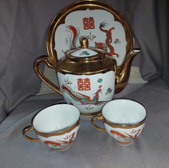 Vintage Gold Trimmed Asian PHOENIX Tea Set (4pcs) Hand-Painted - Picture 2 of 15